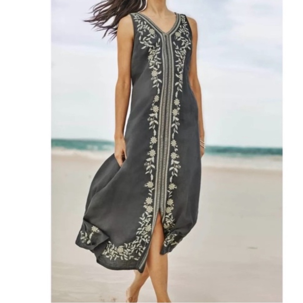 J. Jill Pure Jill Black Pearl Embroidered Sleeveless Linen Maxi Dress